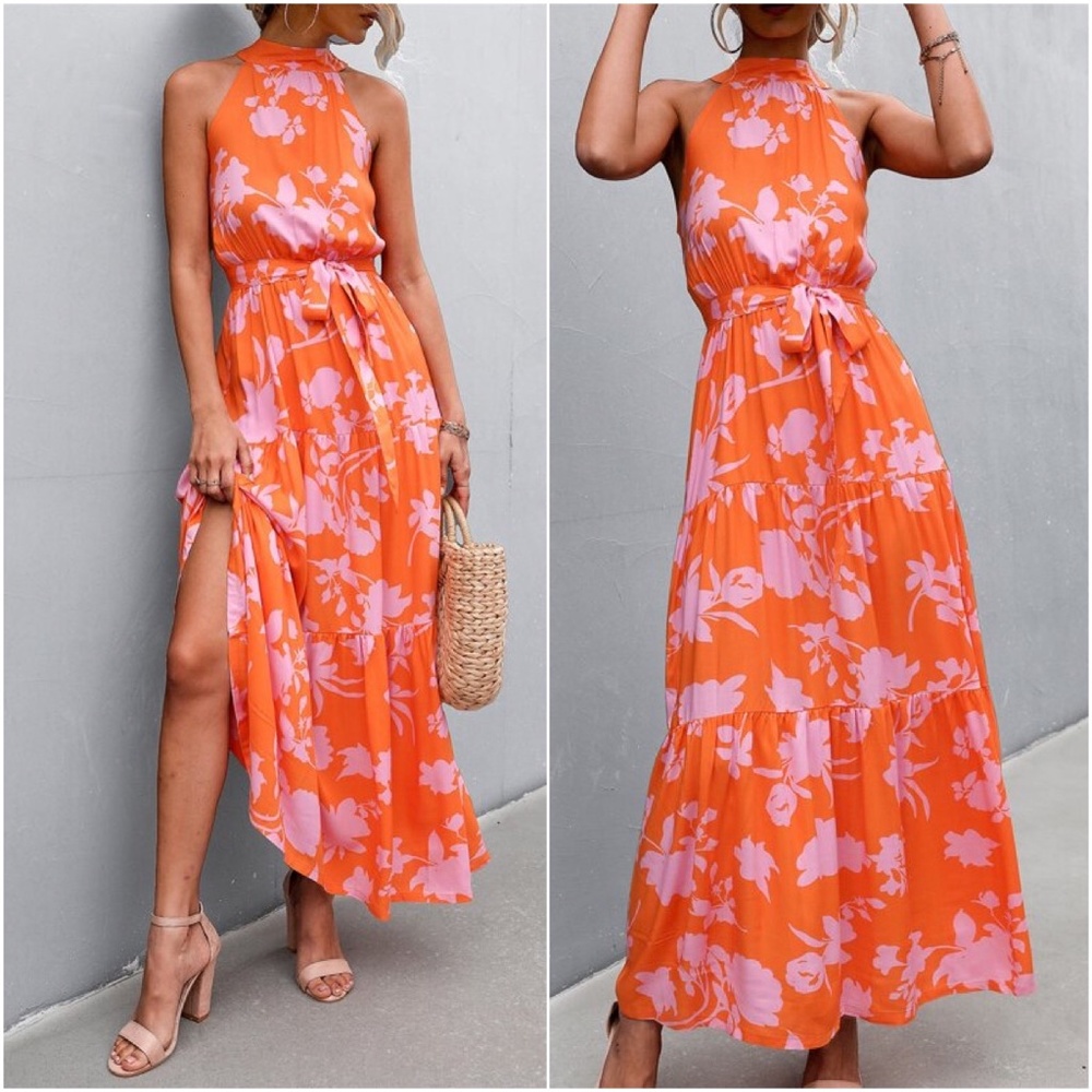 Boho Orange Floral Print Halter Maxi Dress Cottagecore - Picture 3 of 3